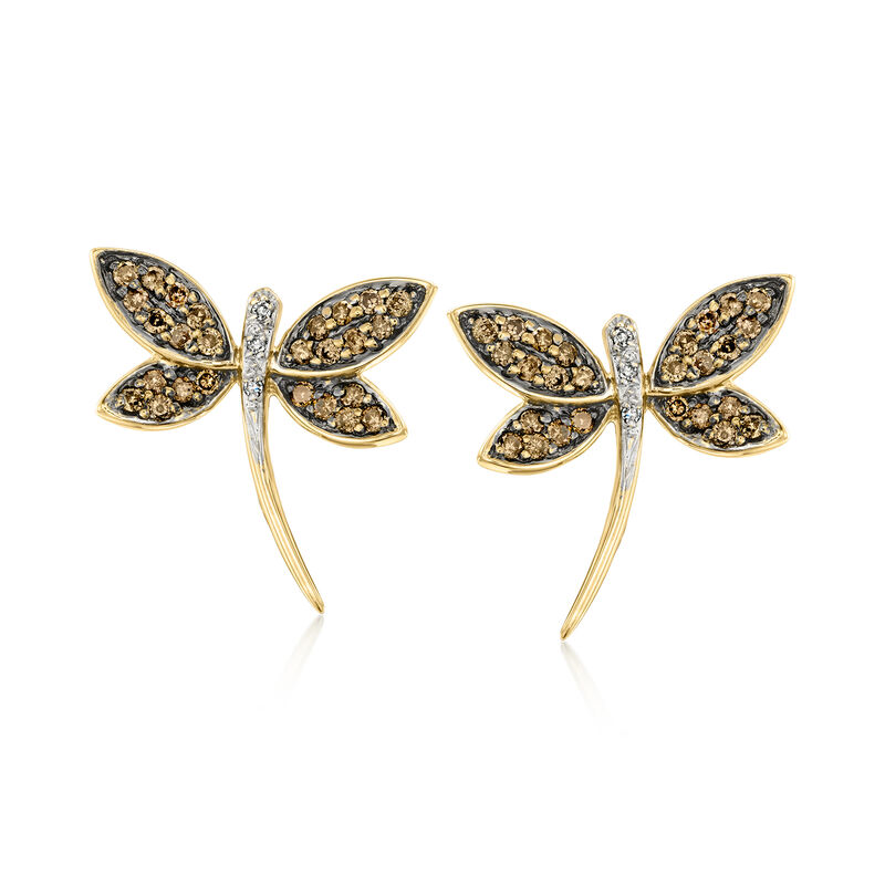 C. 1990 Vintage .70 ct. t.w. Brown Diamond Dragonfly Earrings with White Diamonds in 14kt Yellow Gold  image number 0