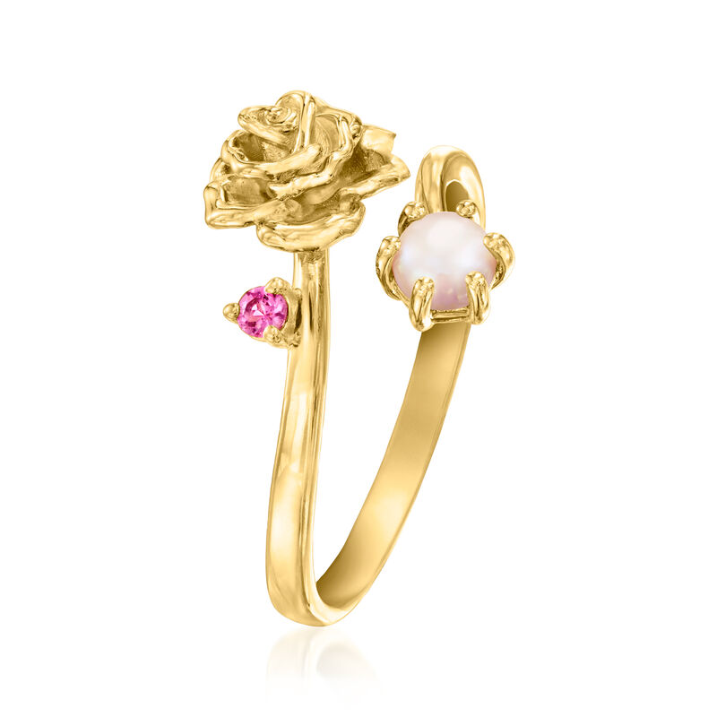 Rose Flower/June Birthstone Ring with 3.5-4mm Cultured Pearl and Single Rhodolite Garnet in 18kt Gold Over Sterling image number 2