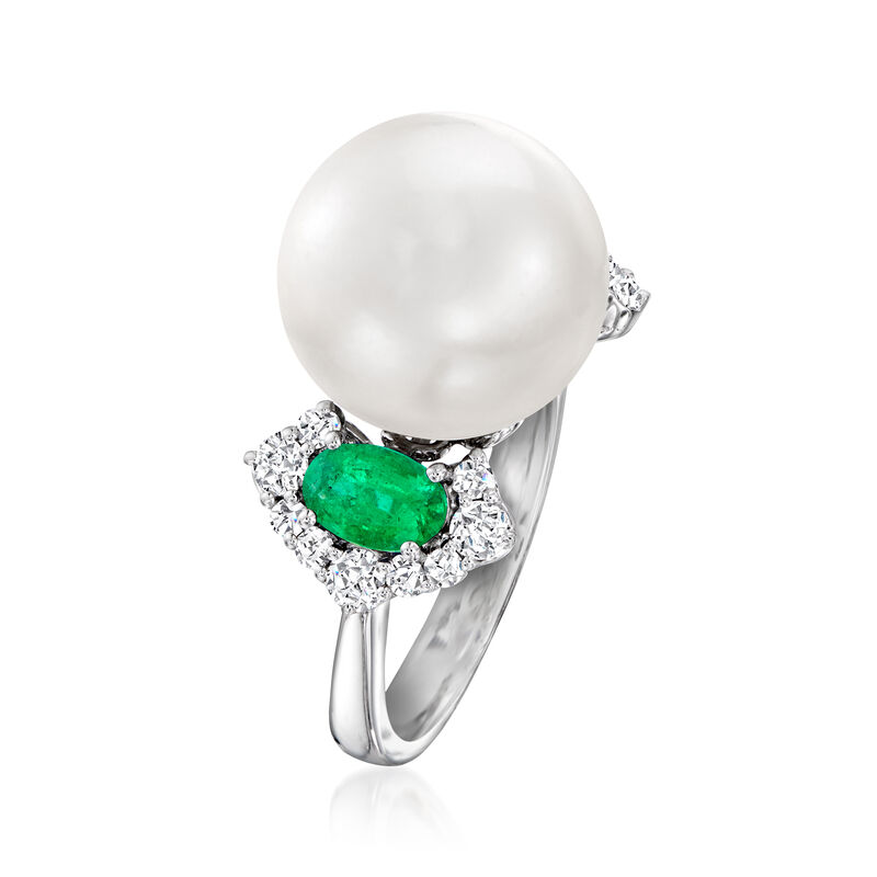 13mm Cultured South Sea Pearl Ring with .90 ct. t.w. Emeralds and .51 ct. t.w. Diamonds in 18kt White Gold image number 2