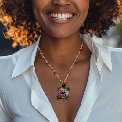 Italian Murano Glass Multi-Strand Turtle Necklace in 18kt Gold Over Sterling