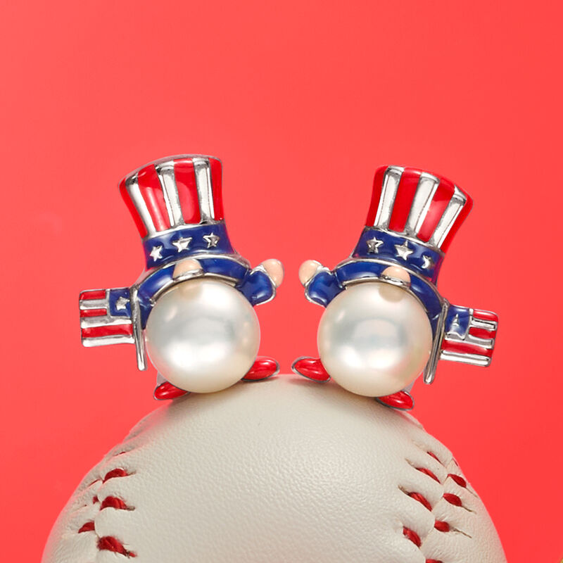 8-8.5mm Cultured Pearl and Multicolored Enamel Patriotic Gnome Earrings in Sterling Silver image number 3