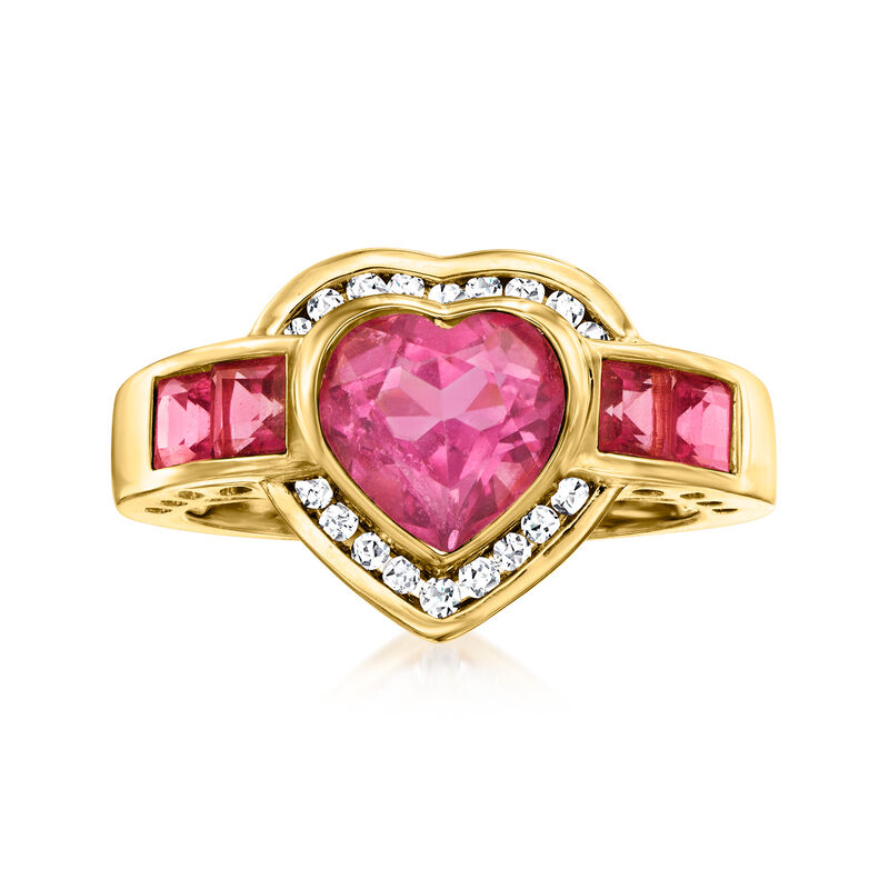 3.20 ct. t.w. Pink Topaz and .18 ct. t.w. Diamond Heart Ring in 18kt Gold Over Sterling image number 0