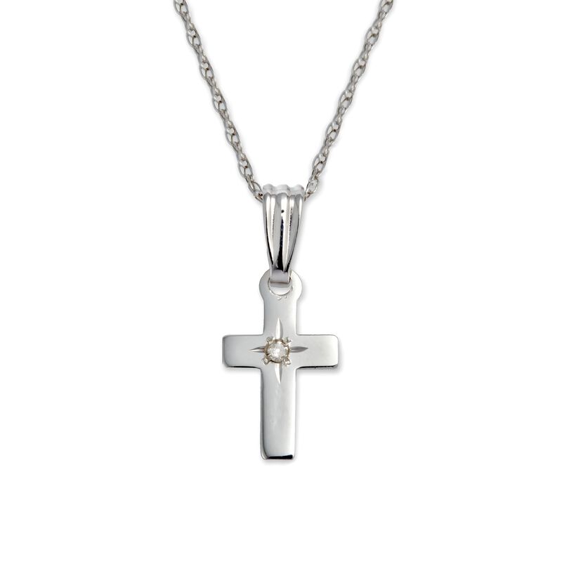 Baby's 14kt White Gold Cross Pendant Necklace with Single Diamond. 13&quot; image number 0