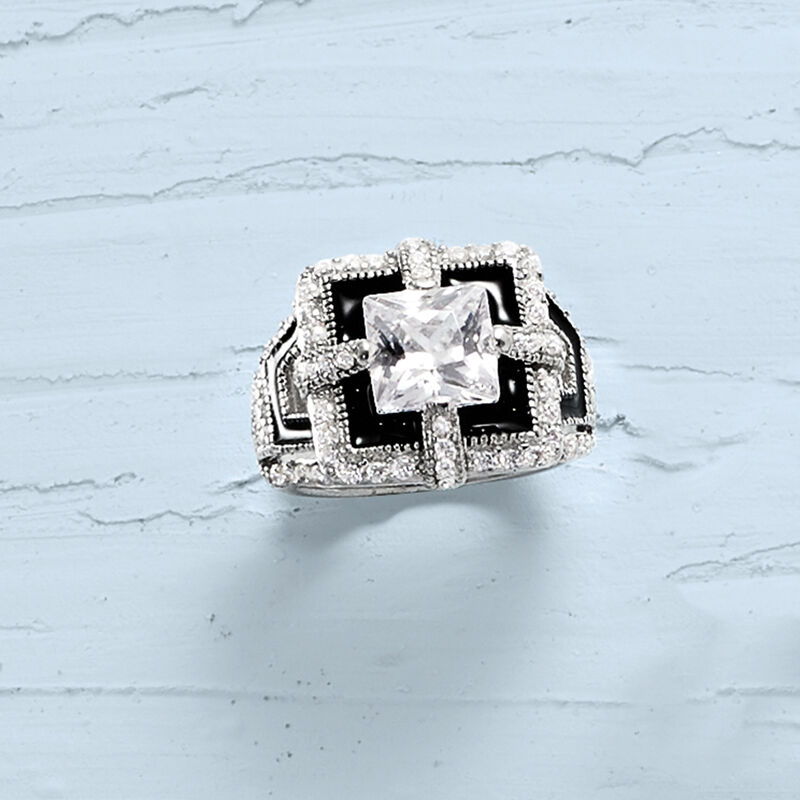5.91 ct. t.w. CZ and Black Enamel Art Deco-Style Ring in Sterling Silver image number 3