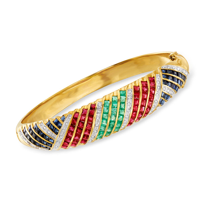 C. 1980 Vintage 10.65 ct. t.w. Multi-Gemstone and .50 ct. t.w. Diamond Bangle Bracelet in 14kt Yellow Gold image number 0