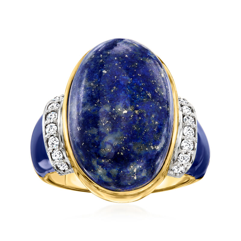 Lapis and .22 ct. t.w. Diamond Ring with Blue Enamel in 18kt Gold Over Sterling image number 0