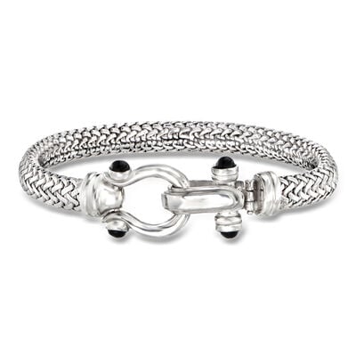 Italian Sterling Silver Horsebit Bracelet with Black Onyx