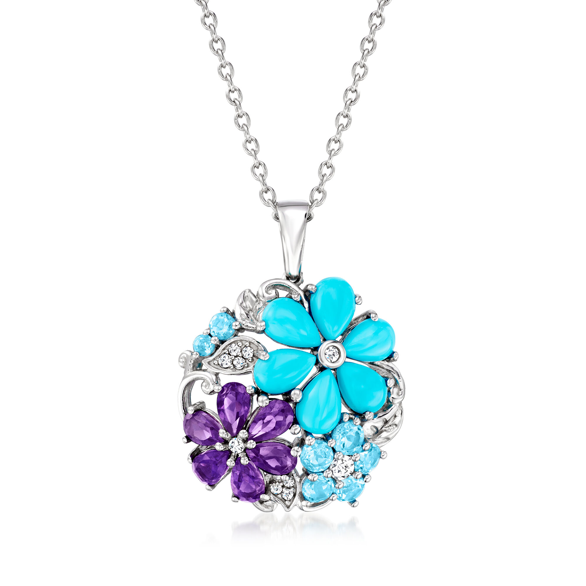 1.80 ct. t.w. Multi-Gemstone and Turquoise Flower Pendant Necklace
