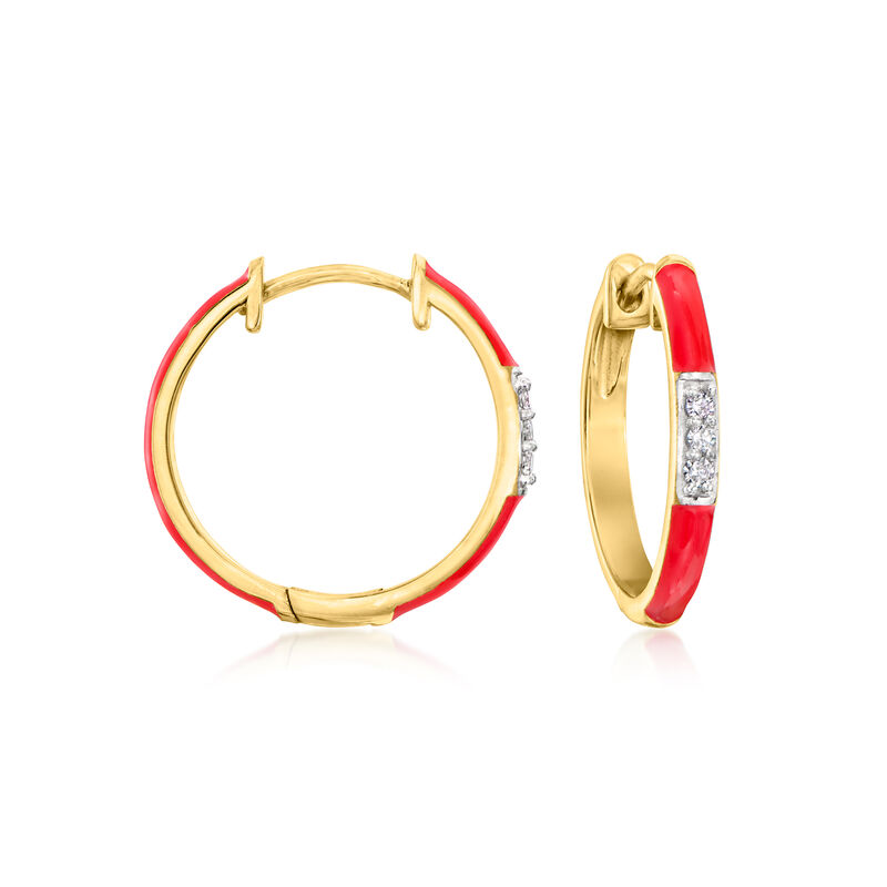 Red Enamel and Diamond Hoop Earrings in 18kt Gold Over Sterling. 5/8" image number 0