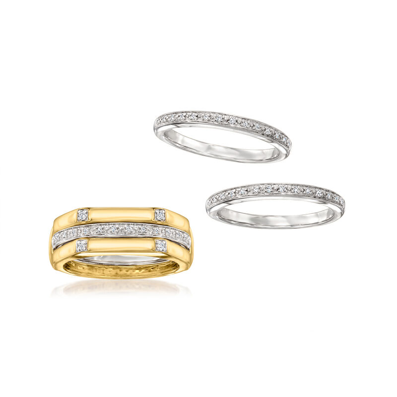 .15 ct. t.w. Diamond Jewelry Set: Four Stackable Rings in Sterling Silver and 18kt Gold Over Sterling image number 3