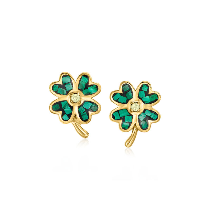 Malachite Mosaic Inlay Four-Leaf Clover Earrings with .20 ct. t.w. Peridot in 18kt Gold Over Sterling Silver image number 0