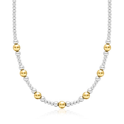 Italian 4-8mm Sterling Silver and 18kt Gold Over Sterling Graduated Bead Necklace