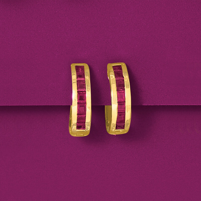 .80 ct. t.w. Ruby Huggie Hoop Earrings in 14kt Yellow Gold. 3/8&quot; image number 3