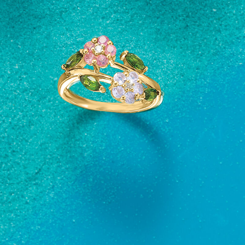 .93 ct. t.w. Multi-Gemstone Flower Ring in 18kt Gold Over Sterling image number 4