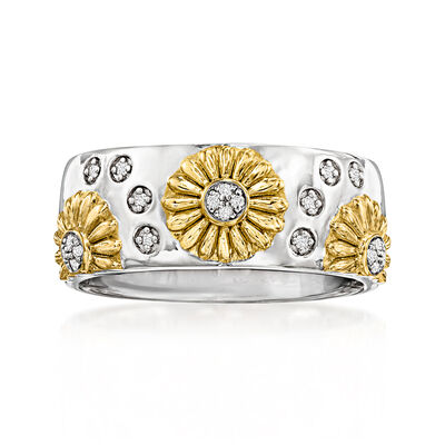Diamond Sunflower Ring in Sterling Silver and 18kt Gold Over Sterling