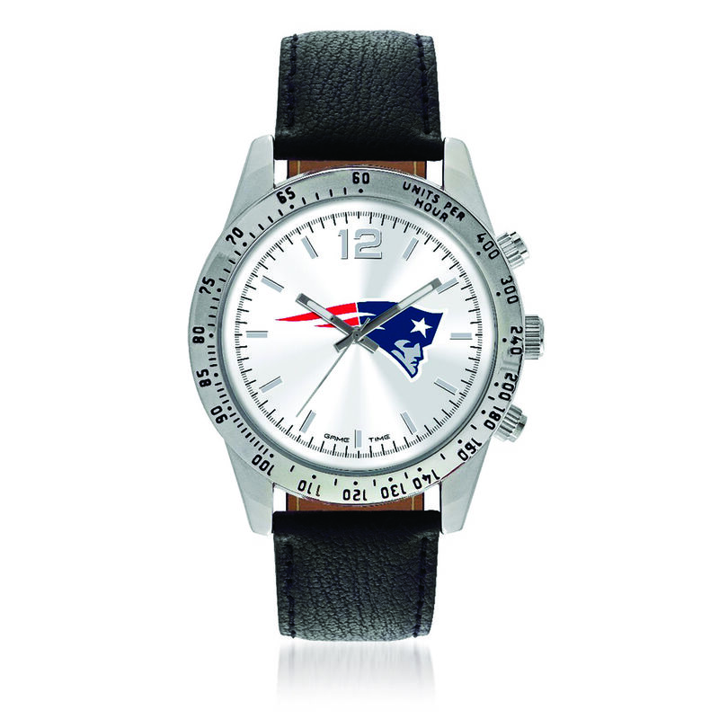 Men's 44mm NFL New England Patriots Stainless Steel Letterman Watch with Black Leather Strap image number 0