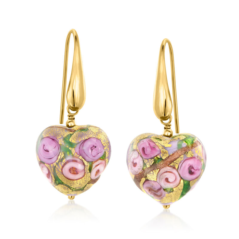 Italian Multicolored Murano Glass Rose Heart Drop Earrings in 18kt Gold Over Sterling  image number 0