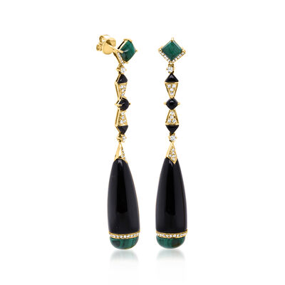 Onyx, Malachite and .84 ct. t.w. Diamond Drop Earrings in 14kt Yellow Gold