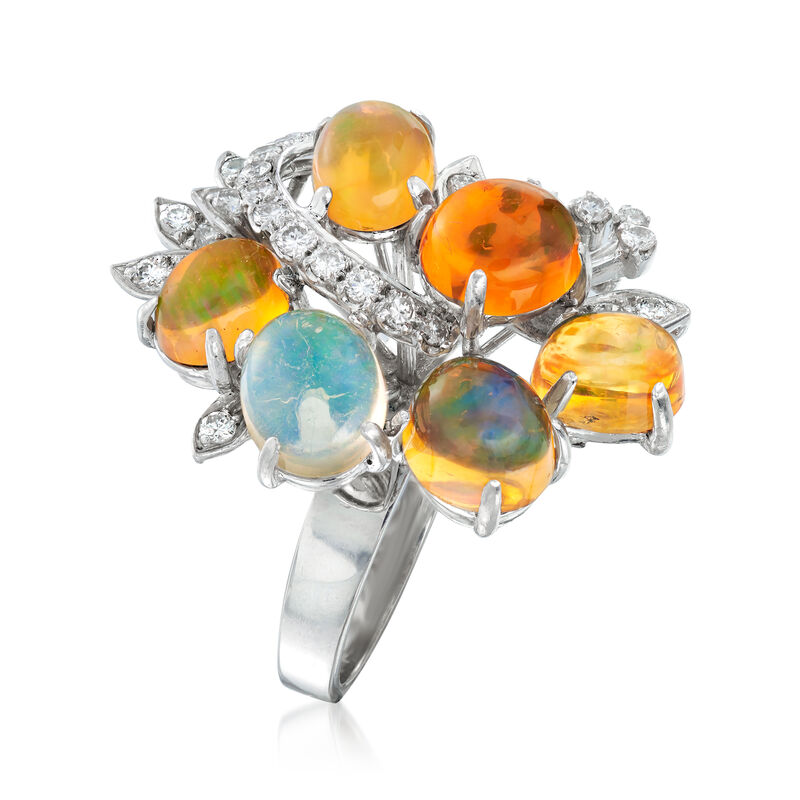 C. 1970 Vintage Multicolored Opal and .65 ct. t.w. Diamond Cocktail Ring in 18kt White Gold image number 2
