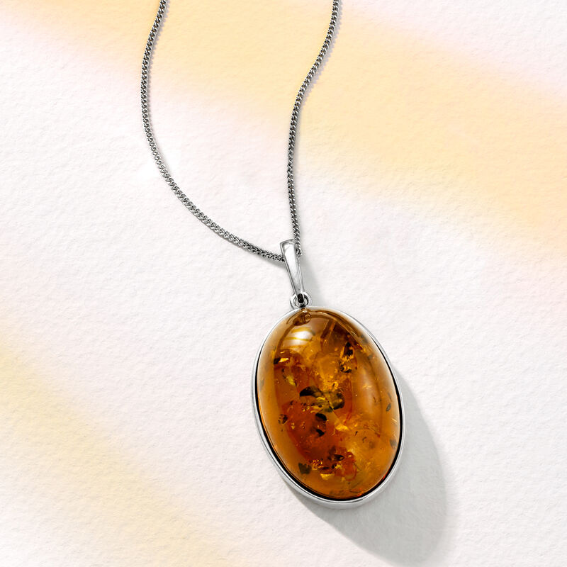 Oval Cognac Amber Pendant Necklace in Sterling Silver image number 3