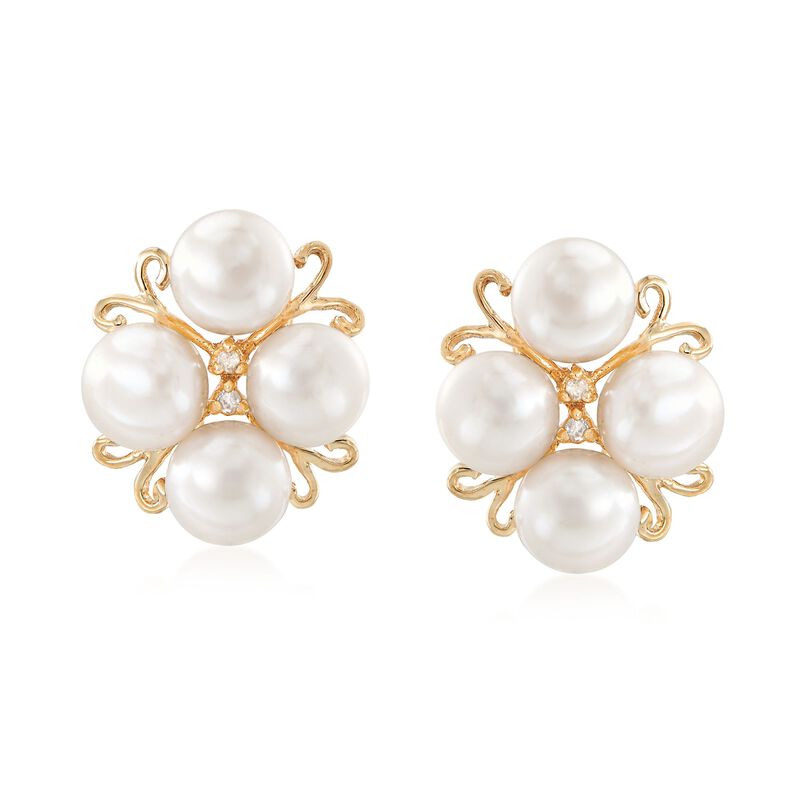 6-6.5mm Cultured Pearl Cluster Earrings with Diamonds in 14kt Yellow Gold  image number 0