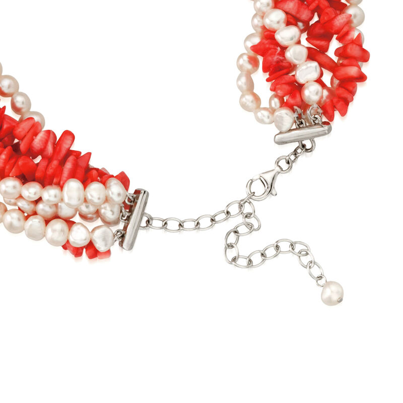 Coral and Cultured Pearl Torsade Necklace with Sterling Silver image number 2