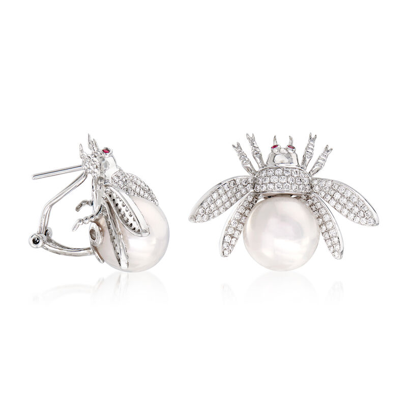 13-13.5mm Cultured Pearl and 1.60 ct. t.w. Diamond Bug Earrings in 14kt White Gold image number 2