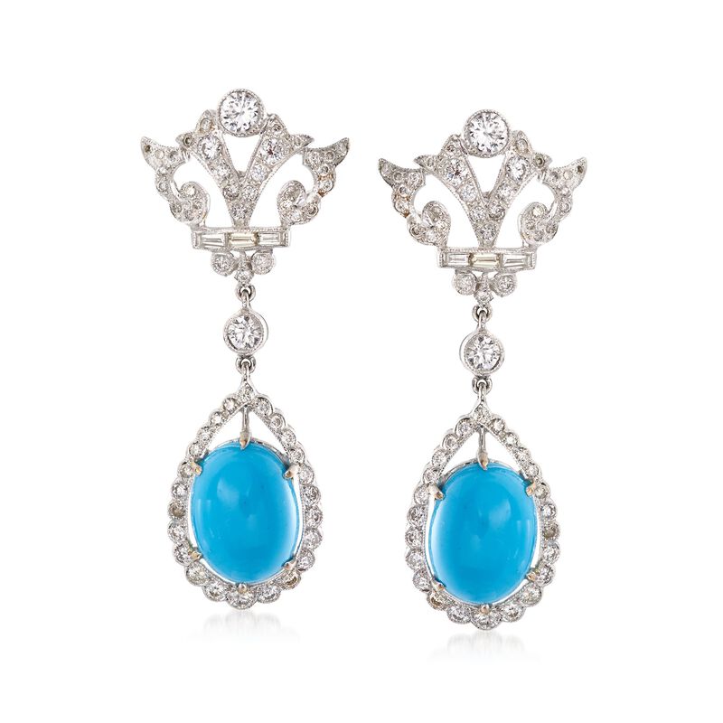 C. 1990 Vintage Turquoise and 1.80 ct. t.w. Diamond Drop Earrings in 18kt White Gold image number 0