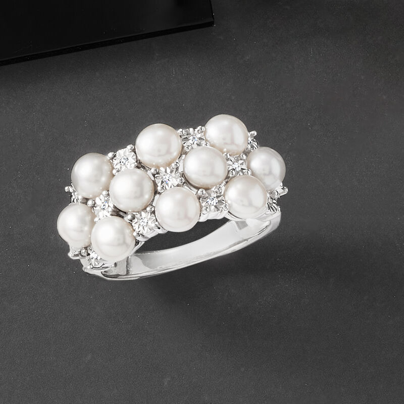 4mm Cultured Pearl Ring with Diamonds in Sterling Silver image number 3