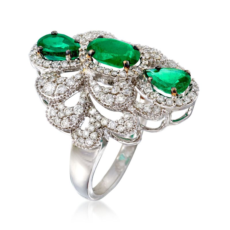 2.20 ct. t.w. Emerald and 1.15 ct. t.w. Diamond Scalloped Ring in 18kt White Gold image number 2