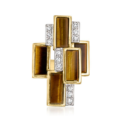C. 1960 Vintage Tiger Eye and .30 ct. t.w. Diamond Cocktail Ring in 14kt Yellow Gold