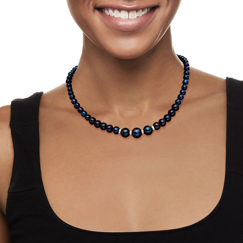 5-9mm Graduated Black Cultured Pearl Necklace with .26 ct. t.w. Diamonds in Sterling Silver image number 1