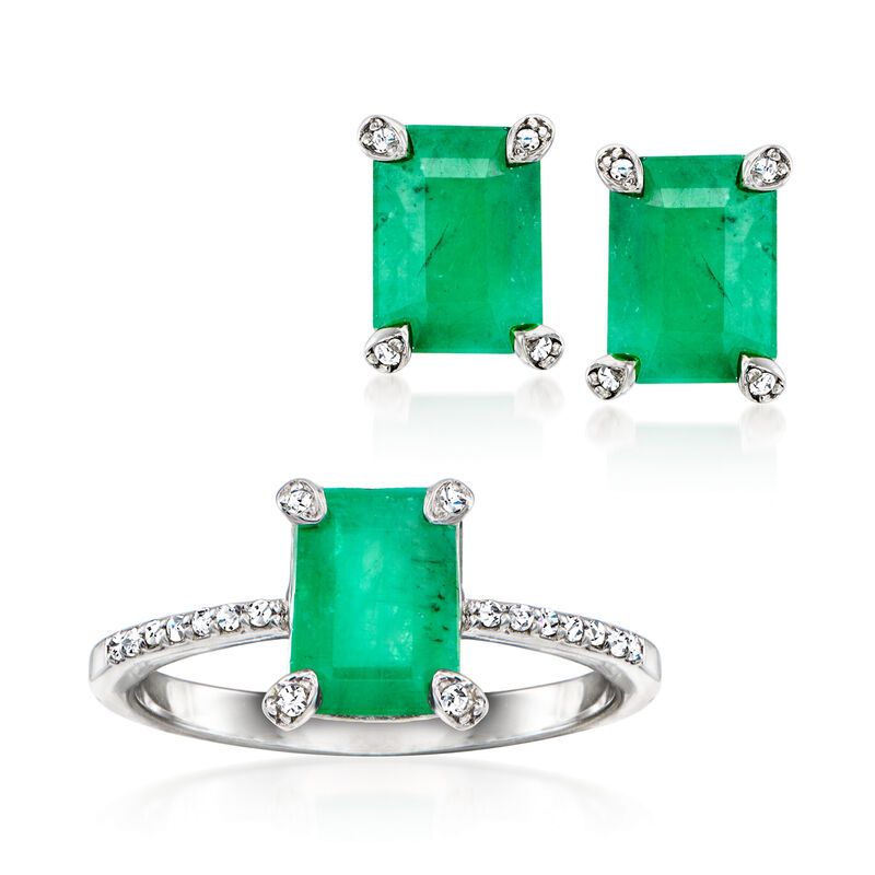 4.40 ct. t.w. Emerald and .11 ct. t.w. Diamond Jewelry Set: Earrings and Ring in Sterling Silver. Size 8 image number 0