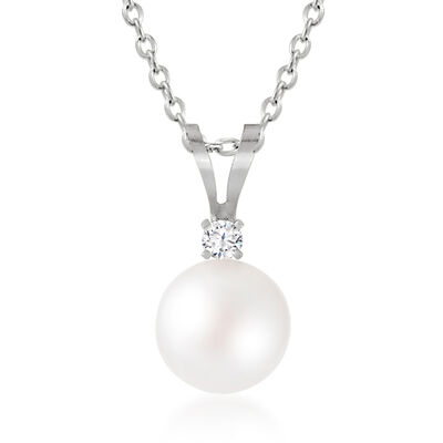 5-5.5mm Cultured Akoya Pearl Pendant Necklace with Single Diamond in 14kt White Gold