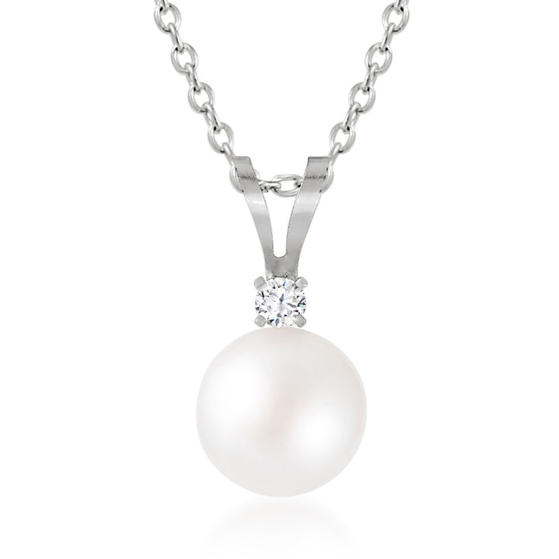 5-5.5mm Cultured Akoya Pearl Pendant Necklace with Single Diamond in 14kt White Gold. 18&quot; image number 0
