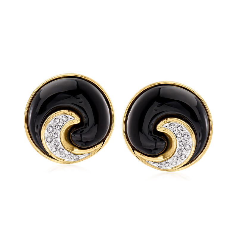 C. 1980 Vintage Black Onyx and .55 ct. t.w. Diamond Swirl Earrings in 18kt Yellow Gold  image number 0
