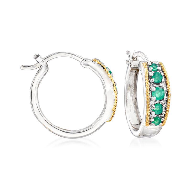 .40 ct. t.w. Emerald and Diamond-Accented Hoop Earrings in Sterling Silver with 14kt Yellow Gold. 3/4&quot; image number 0