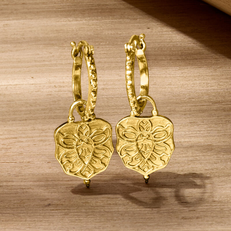 18kt Gold Over Sterling Beaded Hoop Drop Earrings with Removable Floral Charms. 1 3/8&quot; image number 3