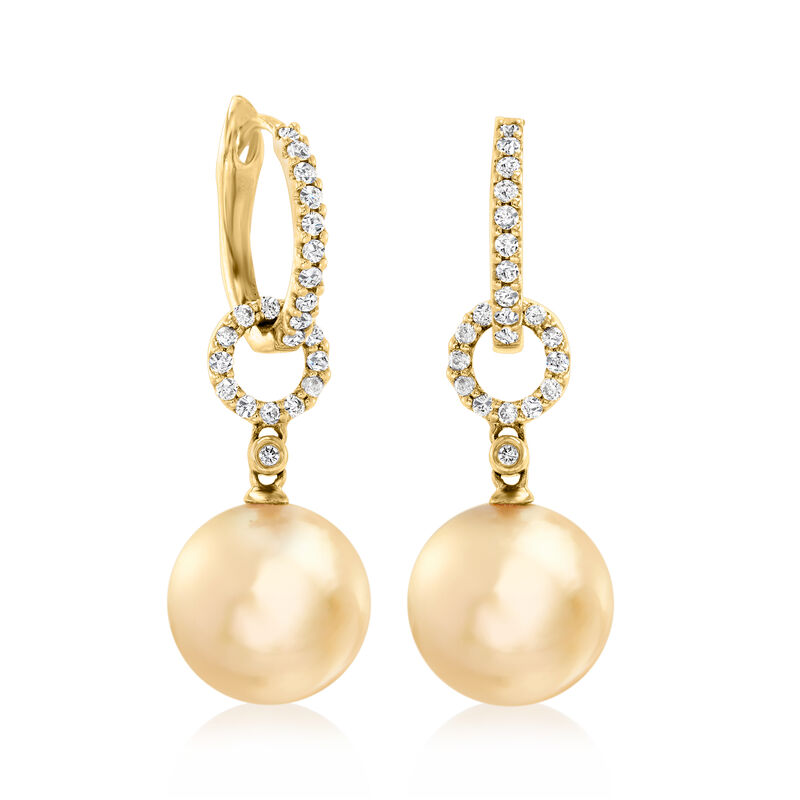 10-11mm Golden Cultured South Sea Pearls and .29 ct. t.w. Diamond Hoop Drop Earrings in 18kt Yellow Gold  image number 0