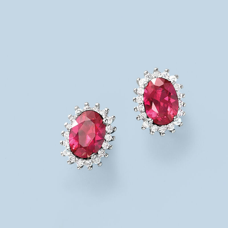 1.20 ct. t.w. Synthetic Ruby and .10 ct. t.w. CZ Halo Earrings in Sterling Silver image number 2