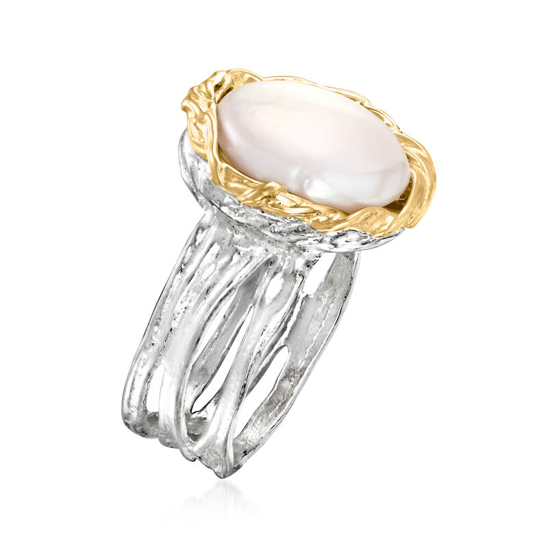 11-12mm Cultured Coin Pearl Ring in Sterling Silver and 14kt Yellow Gold image number 2
