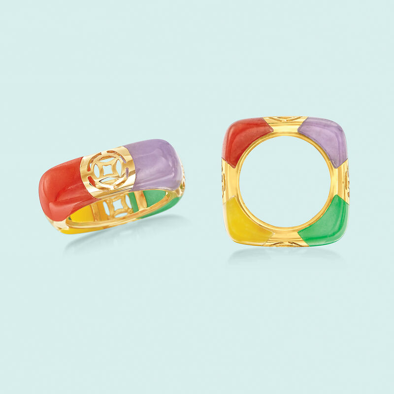 Multicolored Jade and Cutout Symbol Ring in 14kt Yellow Gold. Size 9 image number 5