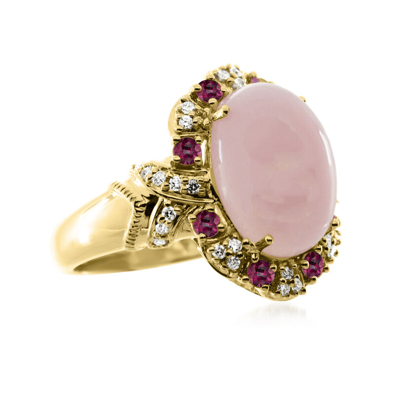 Pink Opal, .60 ct. t.w. Ruby and .23 ct. t.w. Diamond Ring in 18kt Yellow Gold image number 1