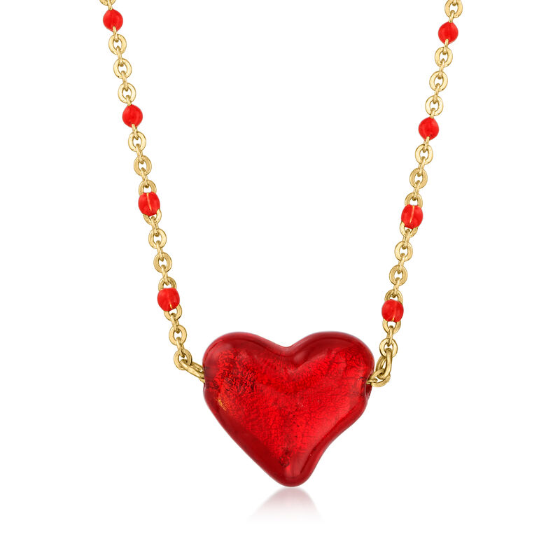 Italian Red Murano Glass Heart Necklace in 18kt Gold Over Sterling image number 0