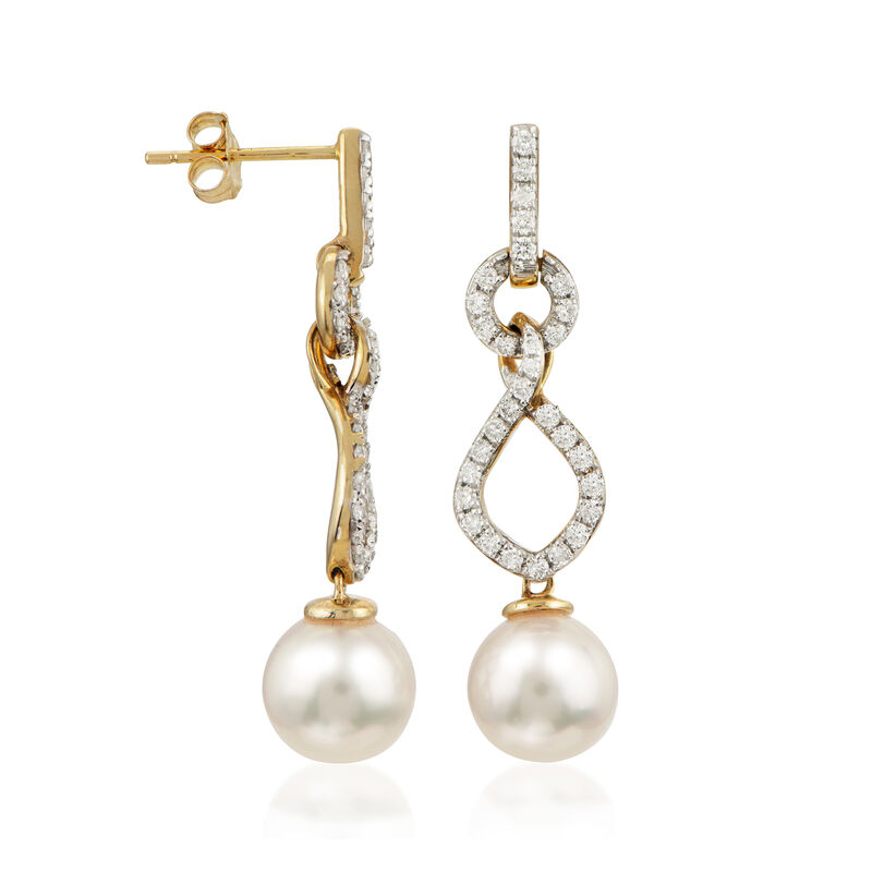 8.5-9mm Cultured Akoya Pearl and .60 ct. t.w. Diamond Drop Earrings in 14kt Yellow Gold image number 1