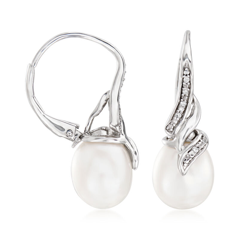 9-9.5mm Cultured Pearl Drop Earrings with Diamond Accents in Sterling Silver image number 2