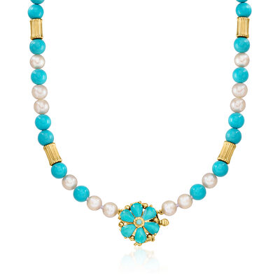 C. 1990 Vintage 2.4-7mm Turquoise Bead and 6.5mm Cultured Pearl Necklace with 14kt Yellow Gold