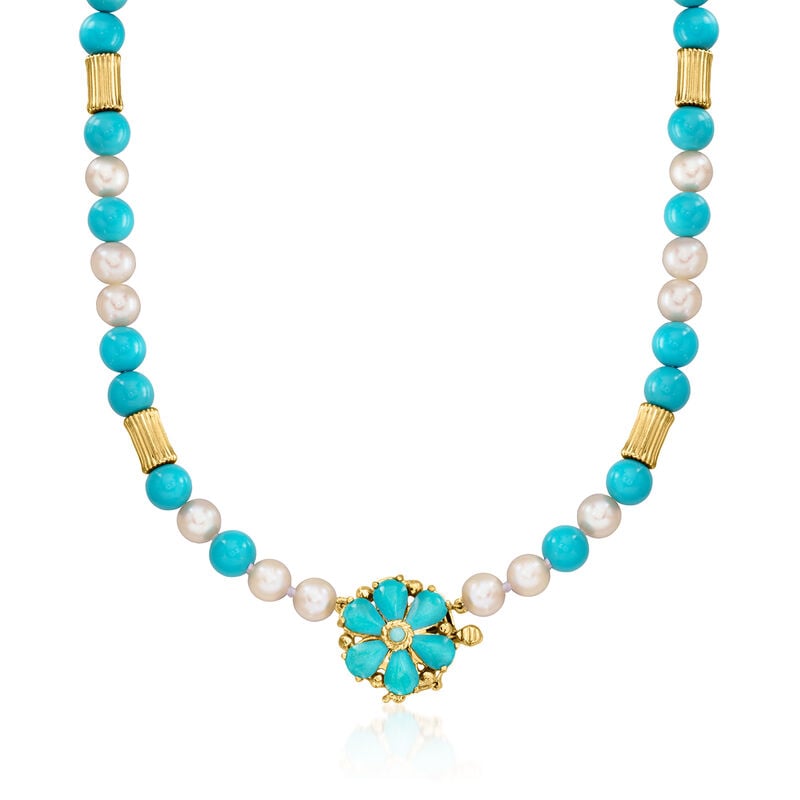 C. 1990 Vintage 2.4-7mm Turquoise Bead and 6.5mm Cultured Pearl Necklace with 14kt Yellow Gold. 22" image number 0
