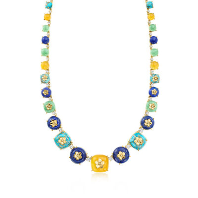 Multi-Gemstone Floral Overlay Necklace with 5.00 ct. t.w. White Topaz and .13 ct. t.w. Diamonds in 18kt Gold Over Sterling