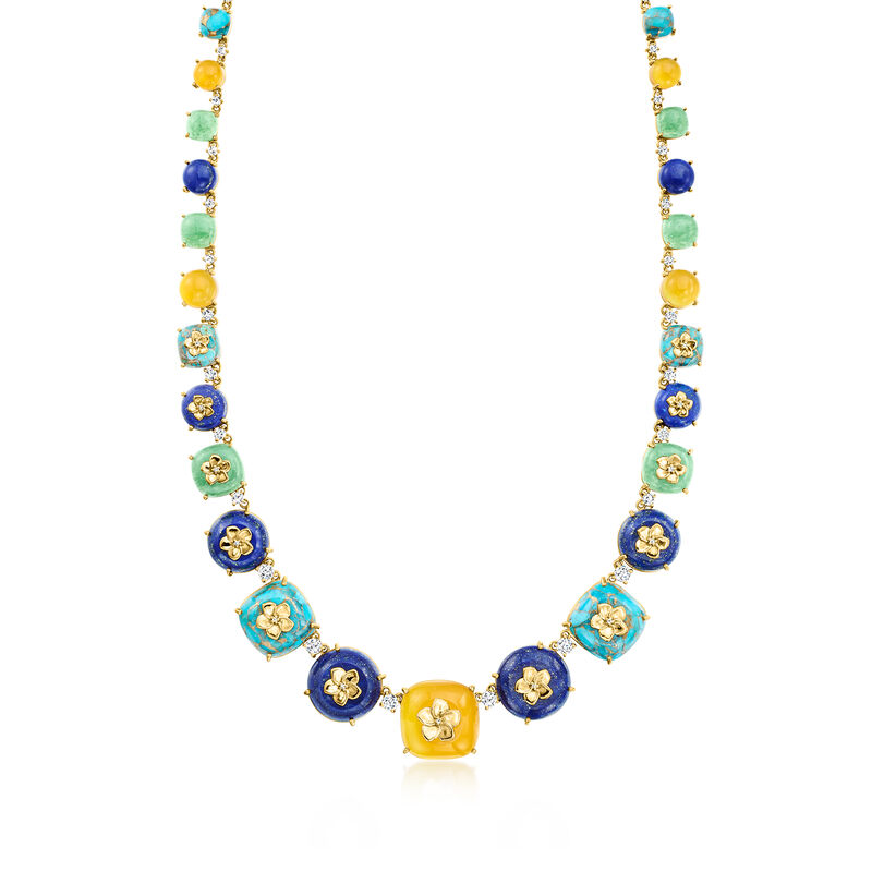 Multi-Gemstone Floral Overlay Necklace with 5.00 ct. t.w. White Topaz and .13 ct. t.w. Diamonds in 18kt Gold Over Sterling image number 0
